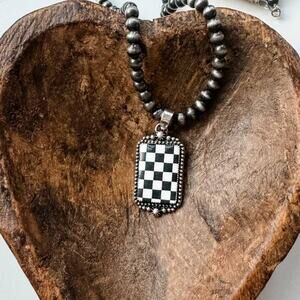 Western Checkered Pendant Necklace - Black White